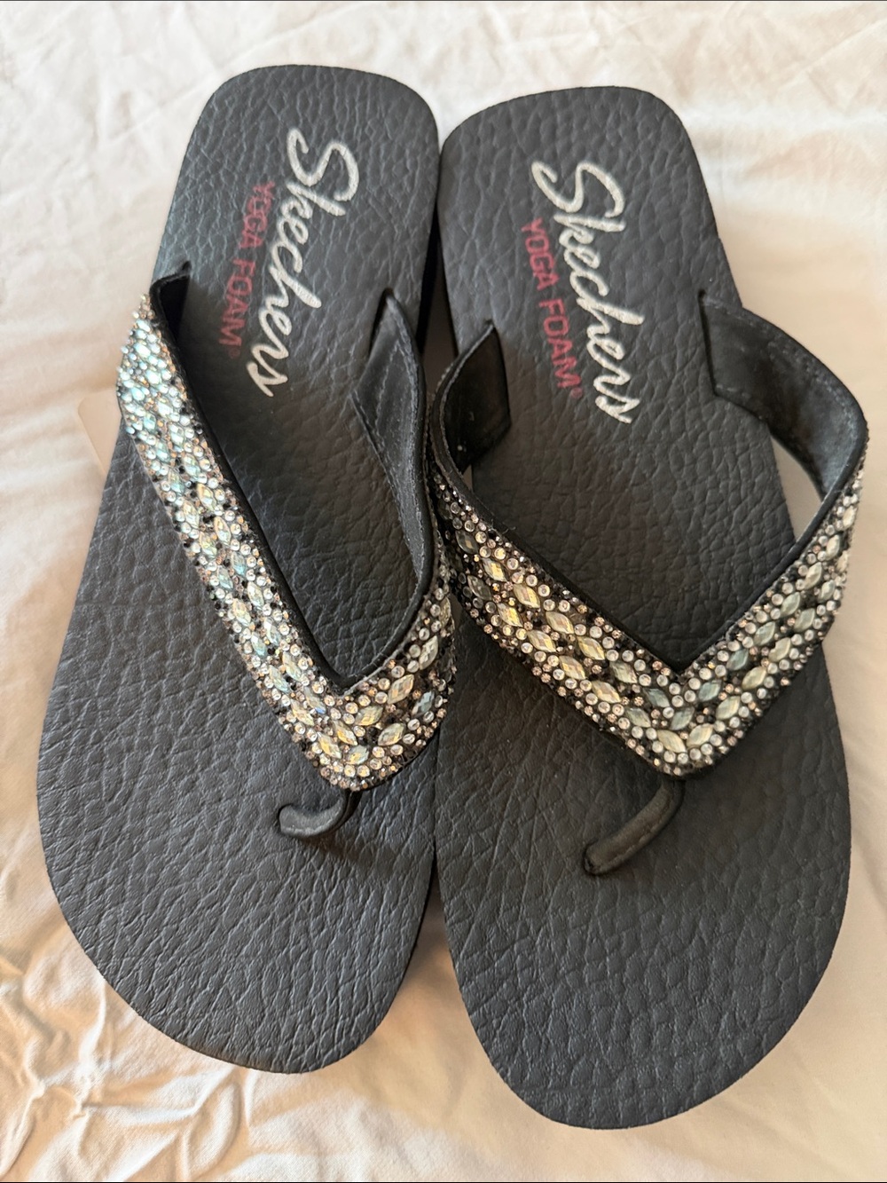Skechers Black Embellished Beaded Flip Flops